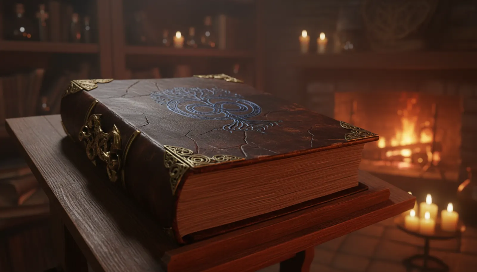The Fantasy Name Grimoire: an ancient spellbook on its lectern