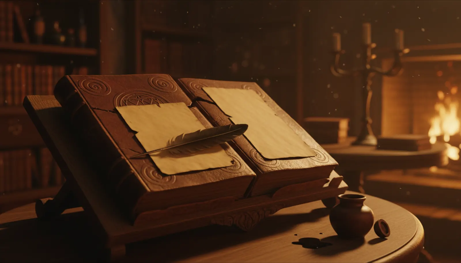 The grimoire lying open, quill resting on blank parchment